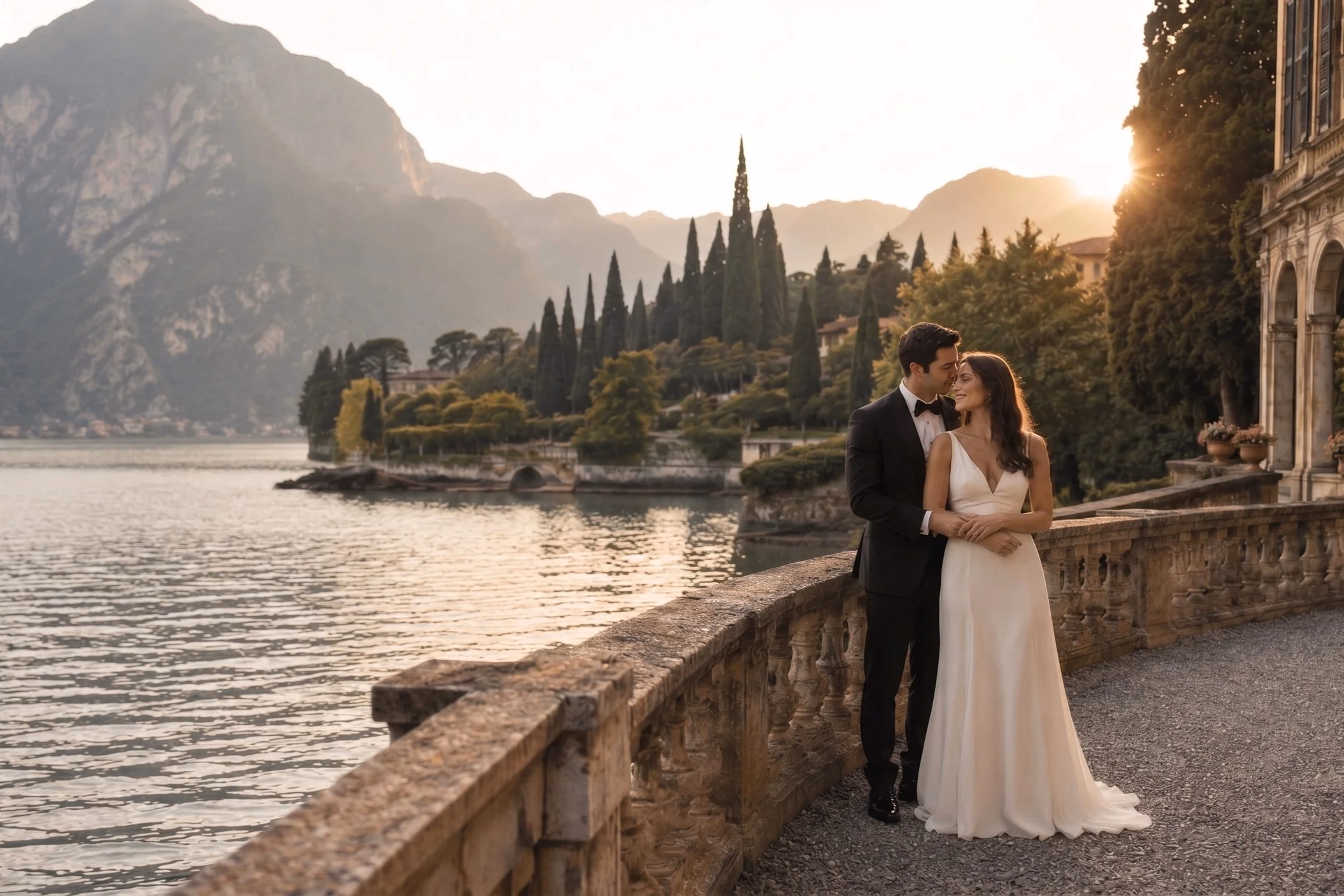 Newlyweds embracing beside a lake at sunset
