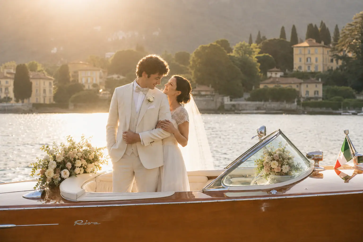 Newlyweds standing on a classic wooden boat on Lake Como.