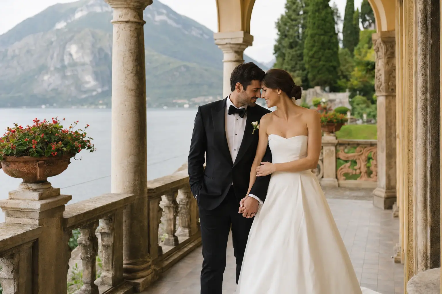 Bride and groom walking through the terraces of Villa del Balbianello with Lake Como views, elegant destination wedding photography in Italy