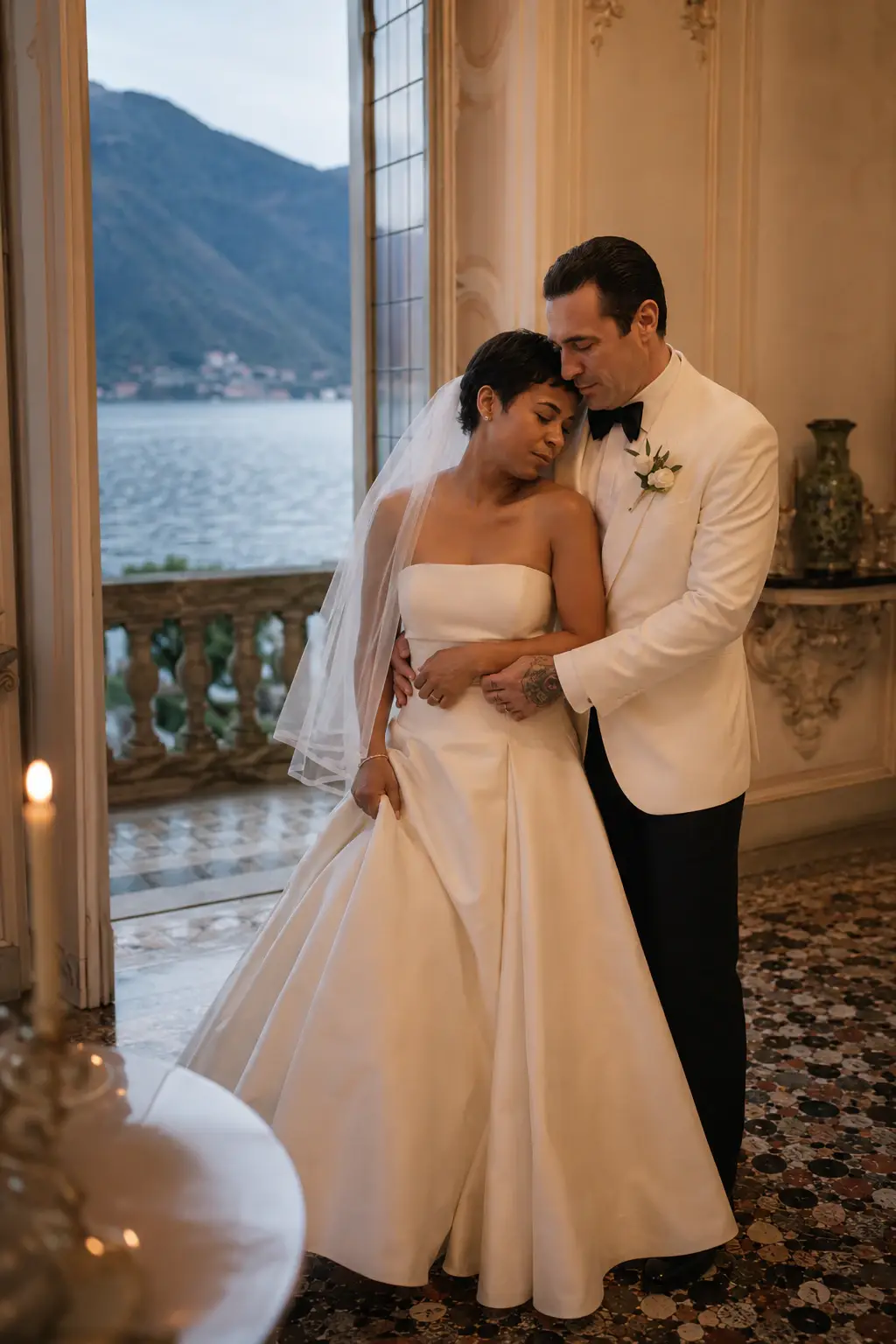 Bride and groom embracing during couple portraits inside Villa Sola Cabiati with Lake Como visible through the balcony doors in a cinematic documentary wedding photography style.