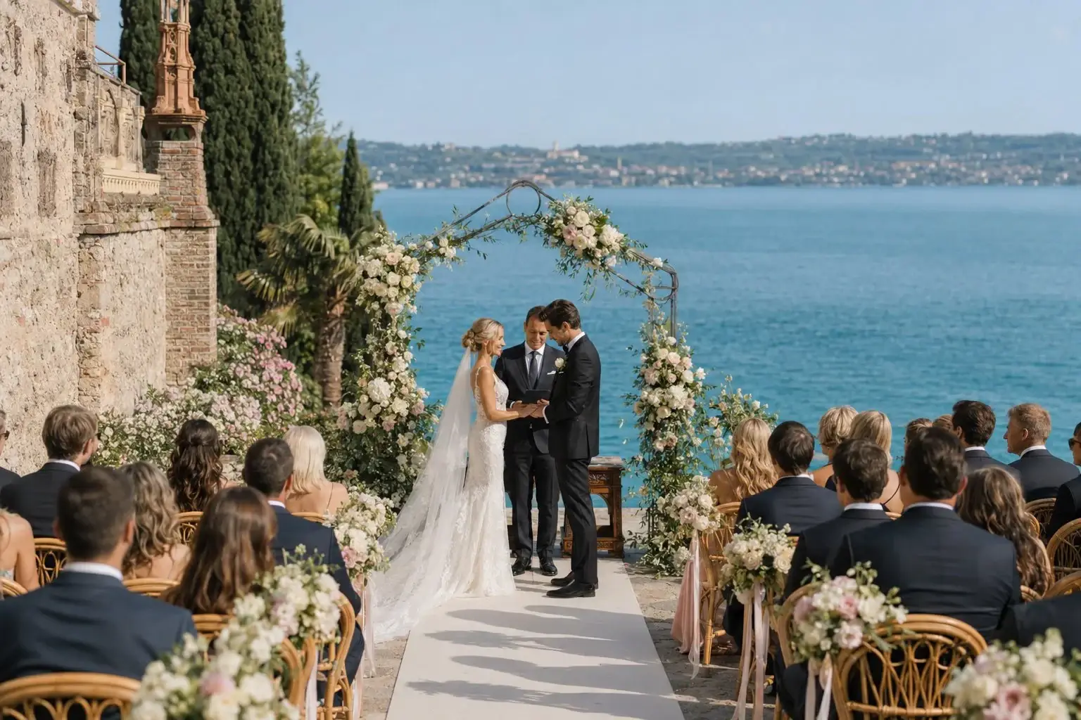 Lake Garda wedding ceremony at a historic Italian villa with floral arch overlooking the lake.
