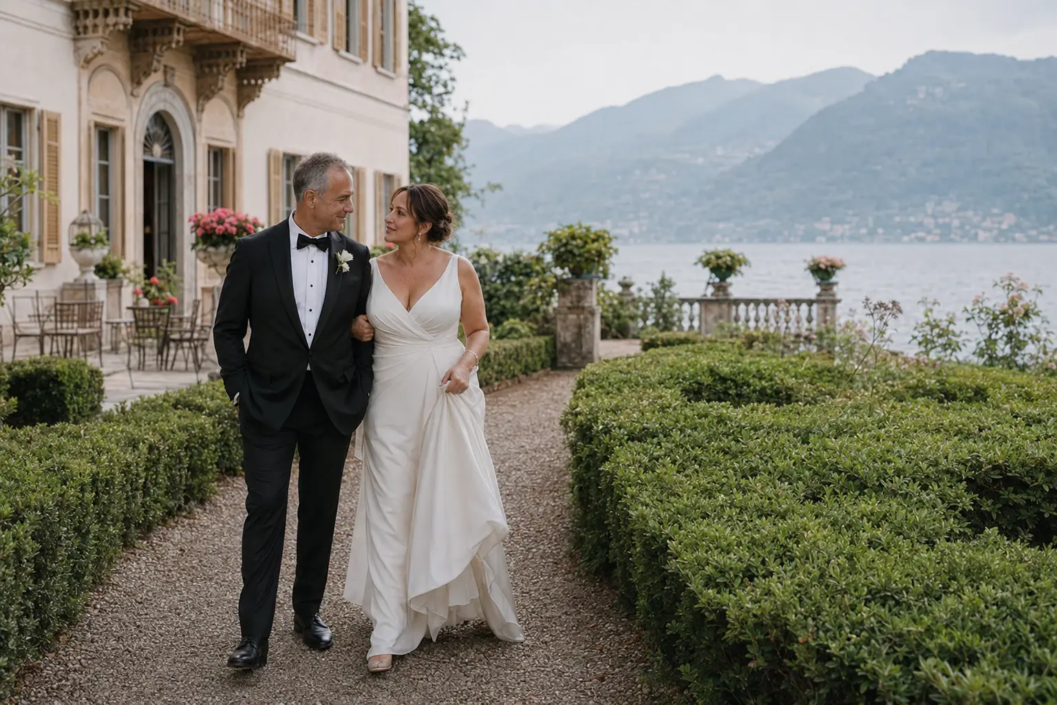 Bride and groom walking through the gardens of Villa Pizzo during a Lake Como wedding