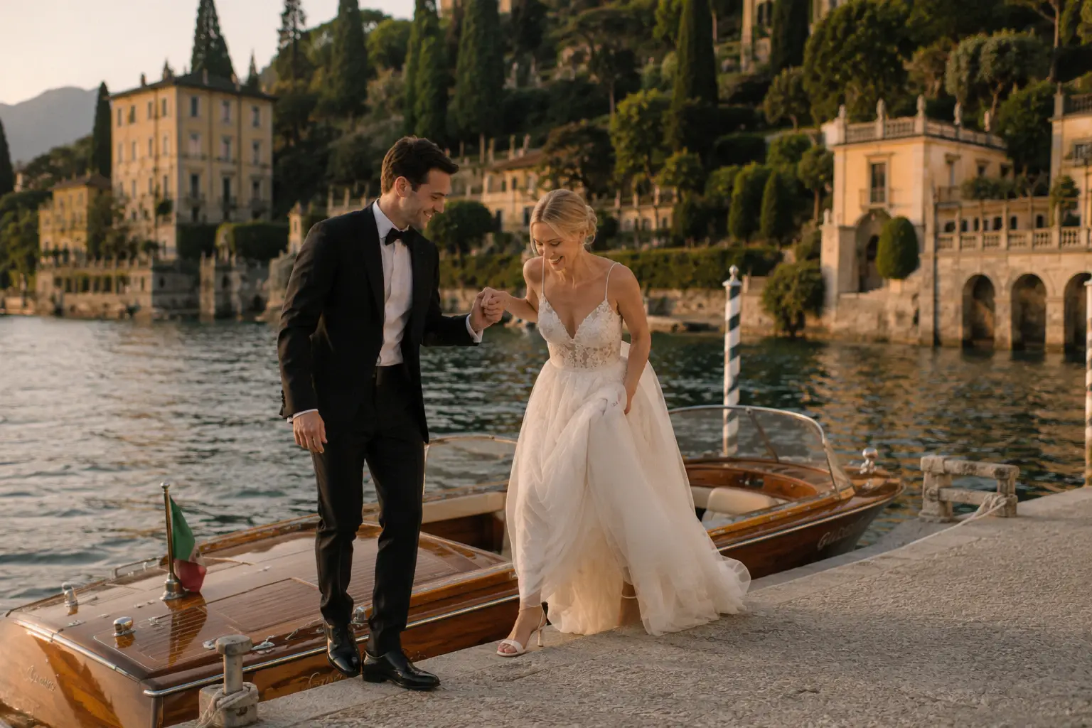 Bride and groom arriving by classic wooden boat at Villa del Balbianello on Lake Como, cinematic destination wedding photography in Italy
