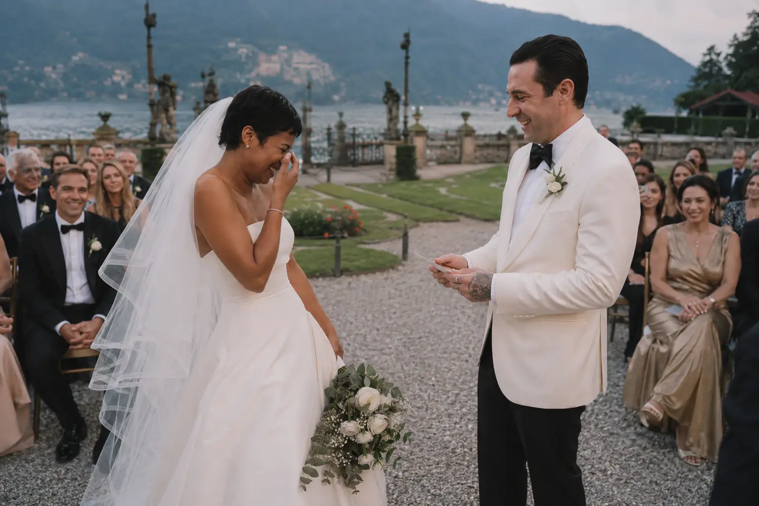 Emotional outdoor wedding ceremony at Villa Sola Cabiati in Lake Como with the couple exchanging vows in front of guests and lake views during a.