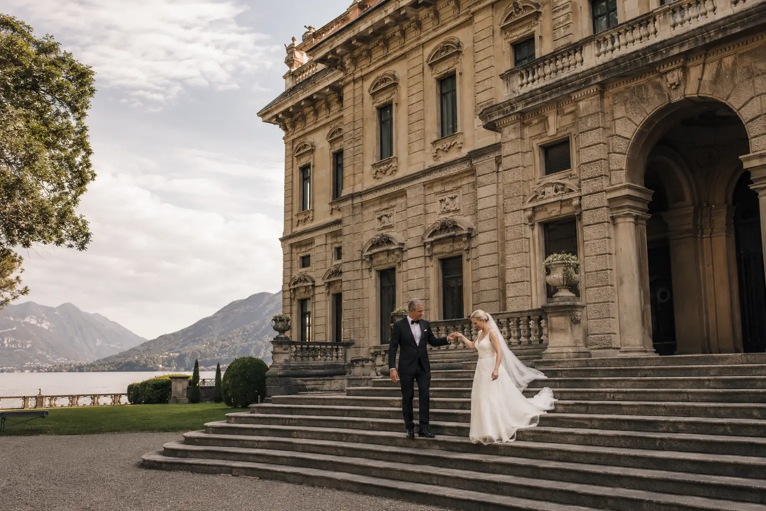 Bride and a formally dressed man descending the steps of a lakeside villa.