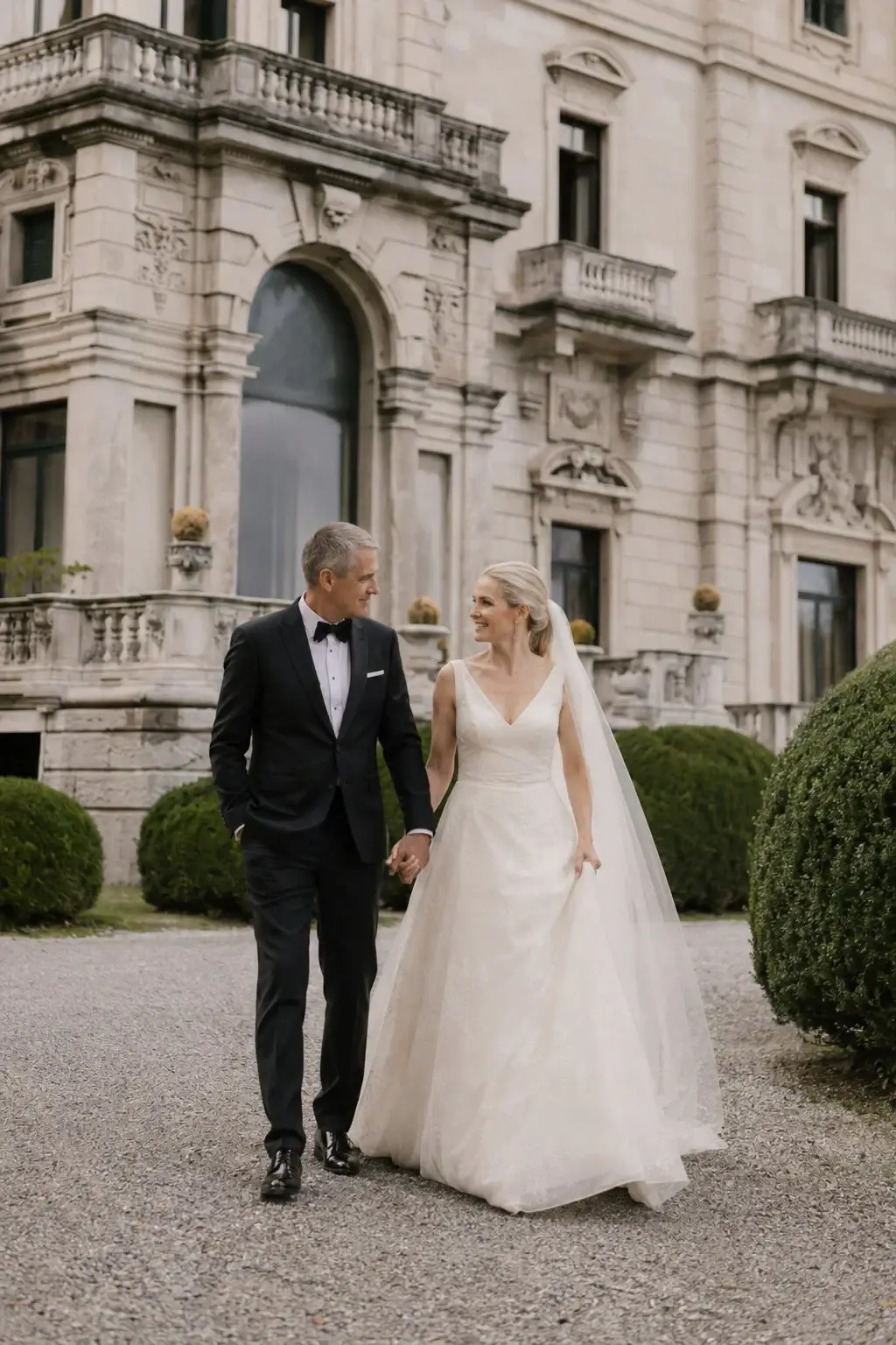 Newlyweds standing together in front of Villa Erba.