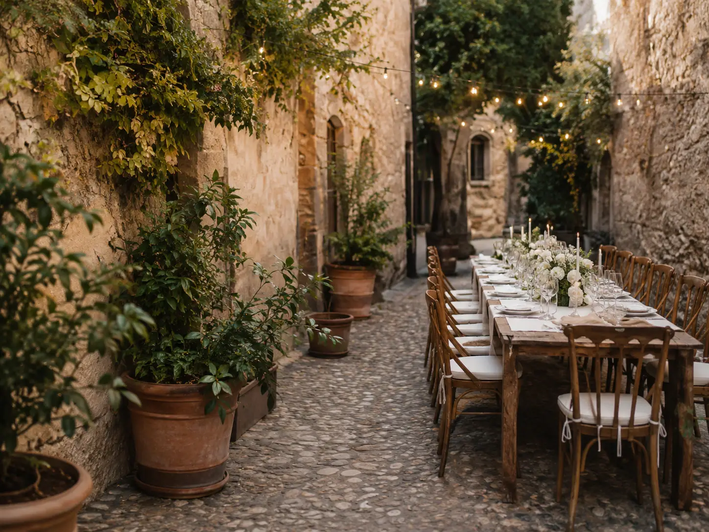 Country house wedding dinner setup in Tuscany, Italy