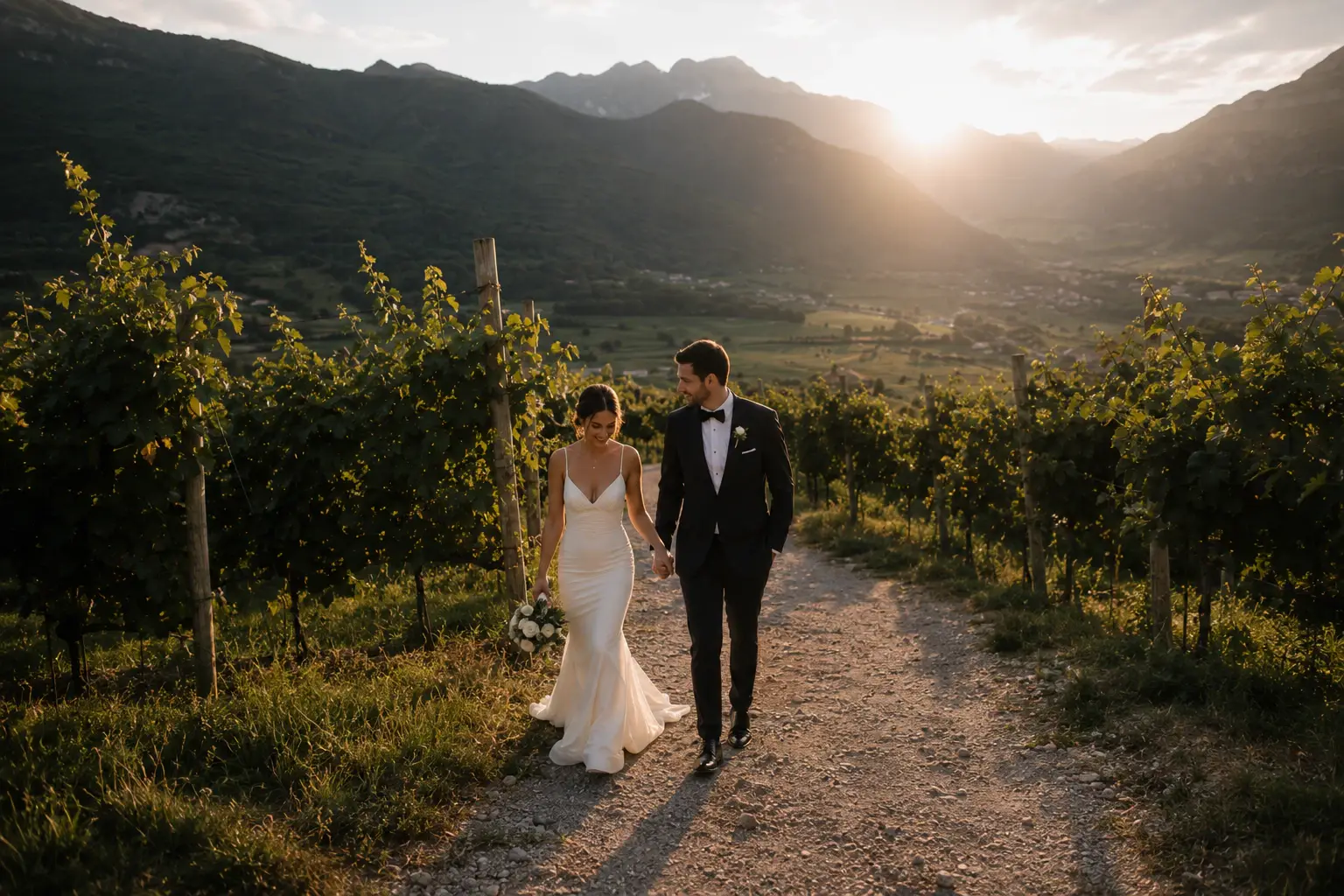 Newlyweds walking along a vineyard path at sunset.