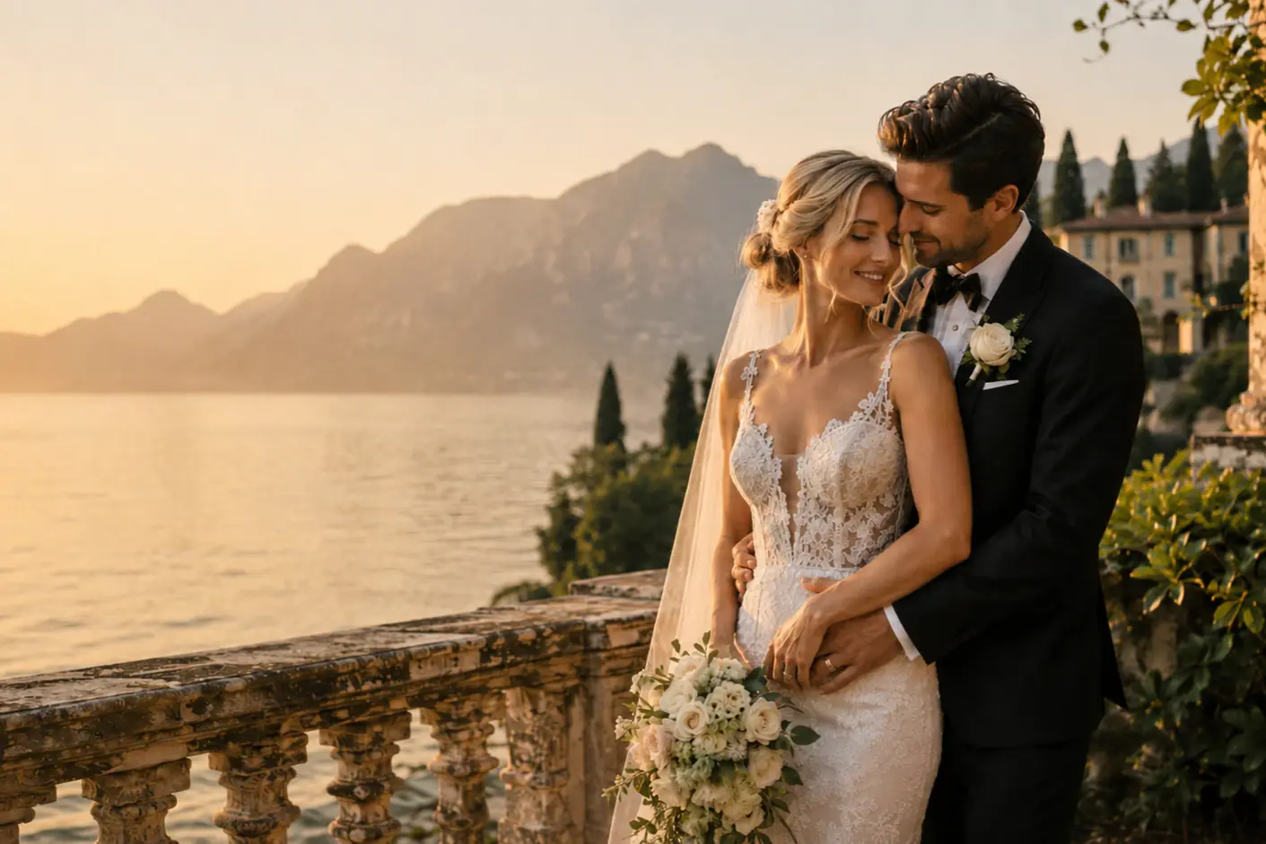 A bride and groom in wedding attire holding each other on a terrace overlooking a lake and mountains at sunset.