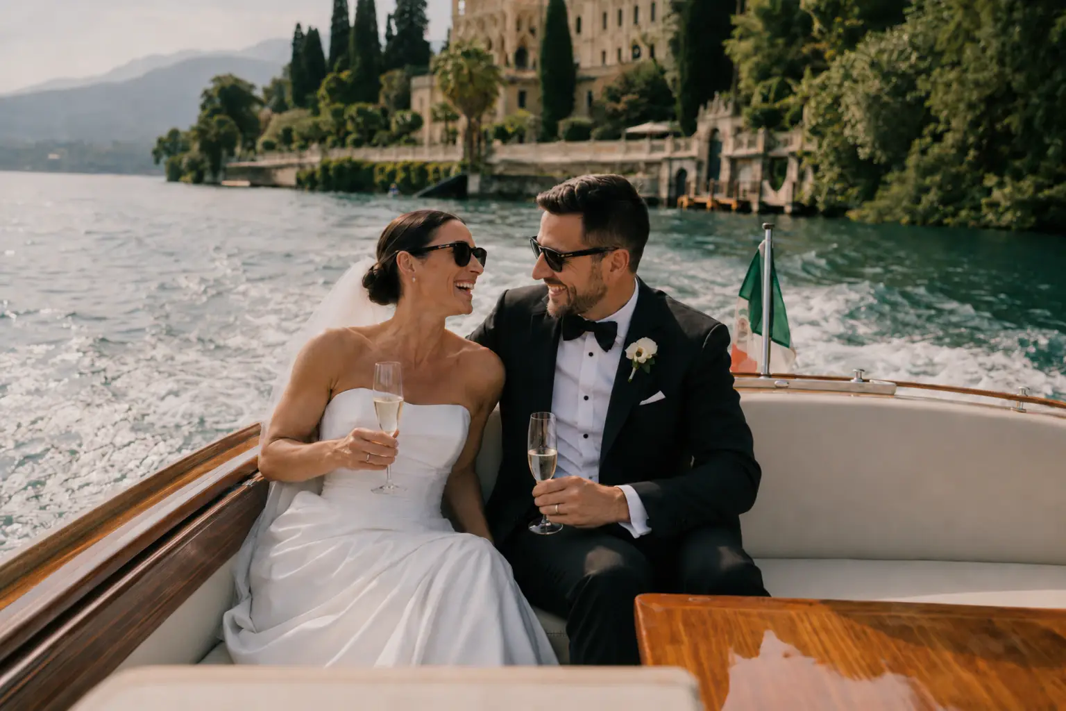 Newlyweds sharing a drink on a wooden boat.