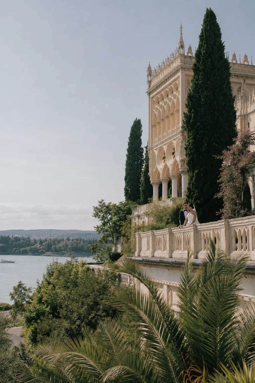 Historic lakeside tower and gardens on Isola del Garda.