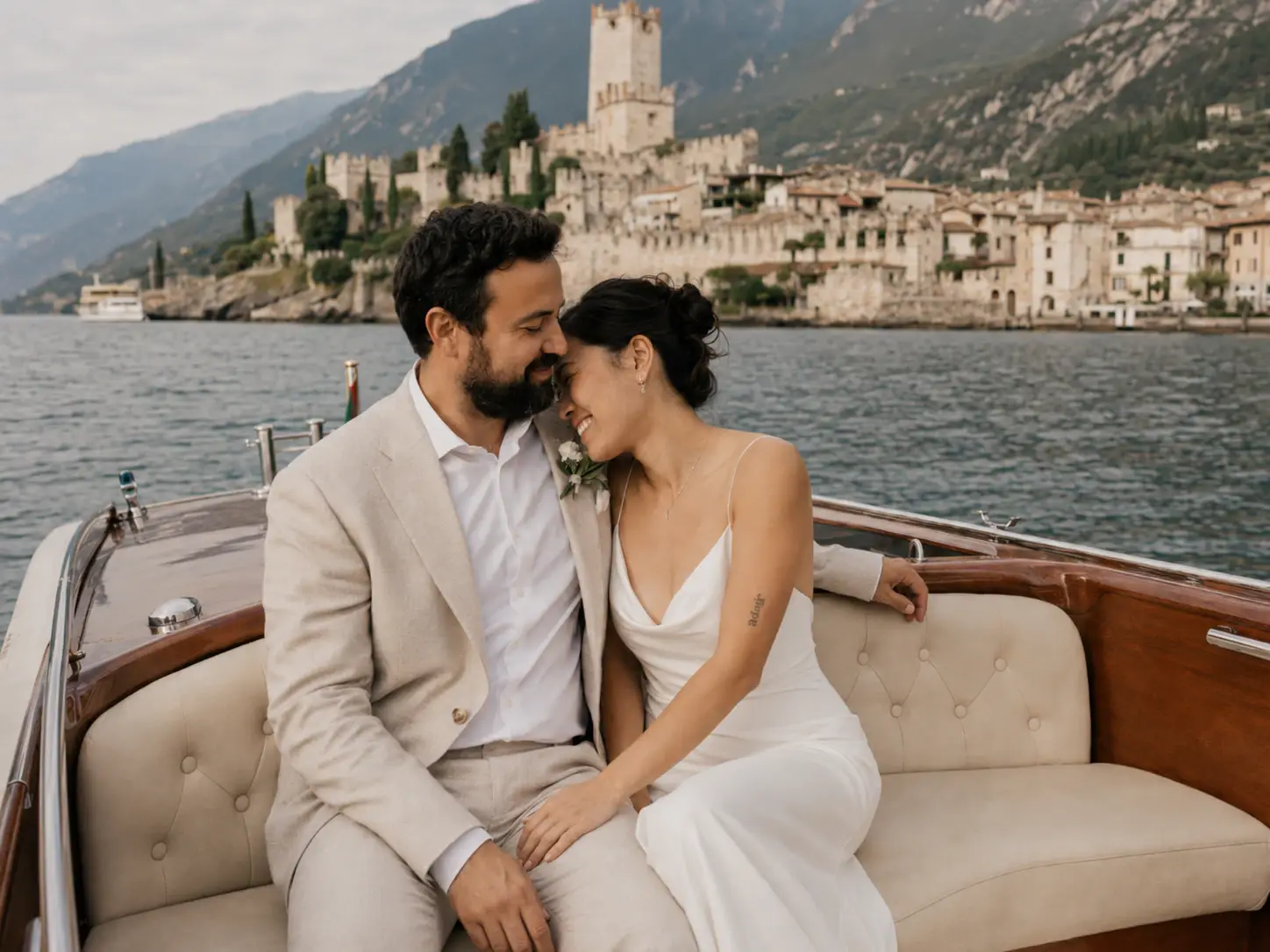 Newlyweds seated together on a wooden boat near Malcesine.