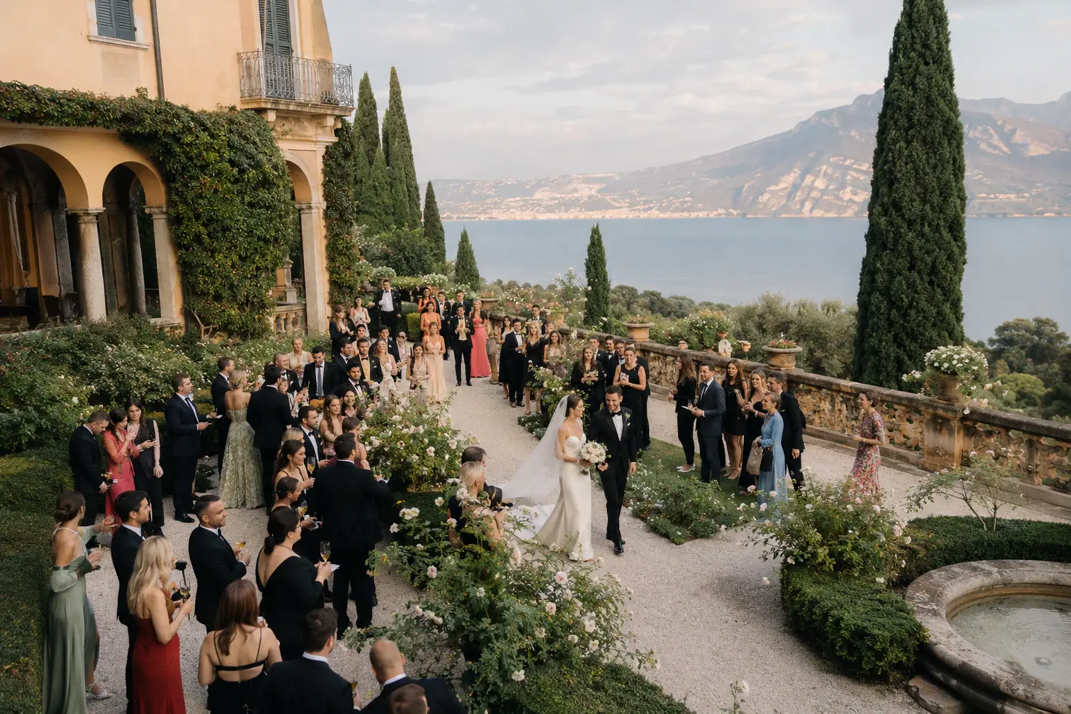 Bride and groom celebrating with guests at a luxury Lake Garda wedding villa overlooking the lake.