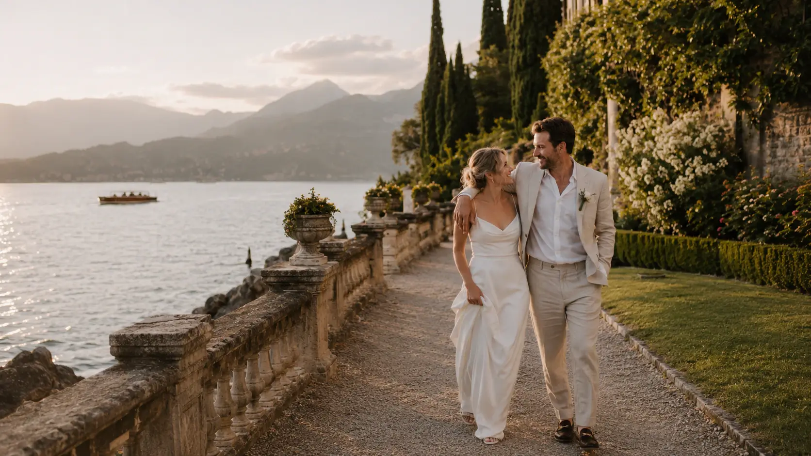 Lake Garda wedding couple walking along a lakeside villa terrace at sunset with mountain views and Mediterranean gardens in Northern Italy