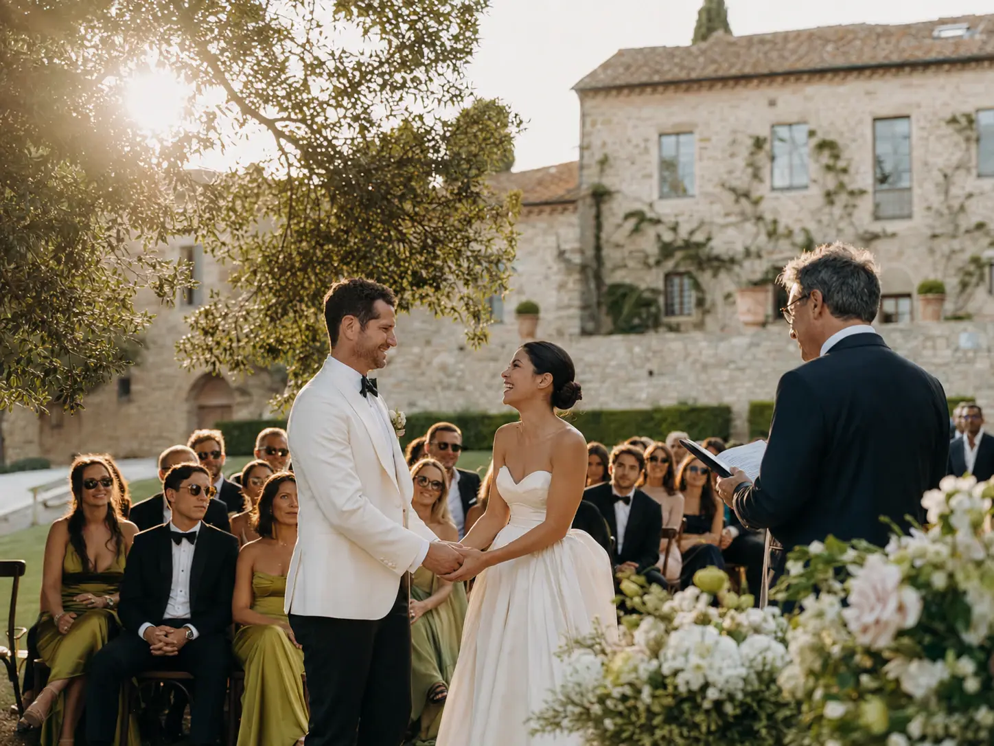 Outdoor wedding ceremony at Borgo Stomennano in Tuscany with the bride and groom exchanging vows surrounded by guests.