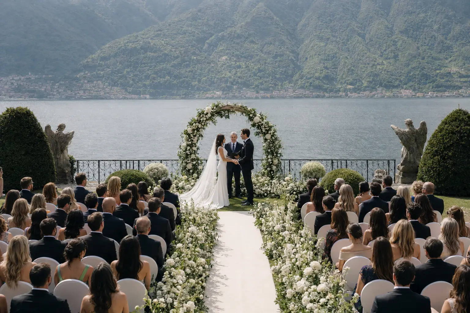 Wide ceremony photo at Villa Balbiano overlooking Lake Como with floral aisle, wedding guests and mountain views during an outdoor wedding ceremony.