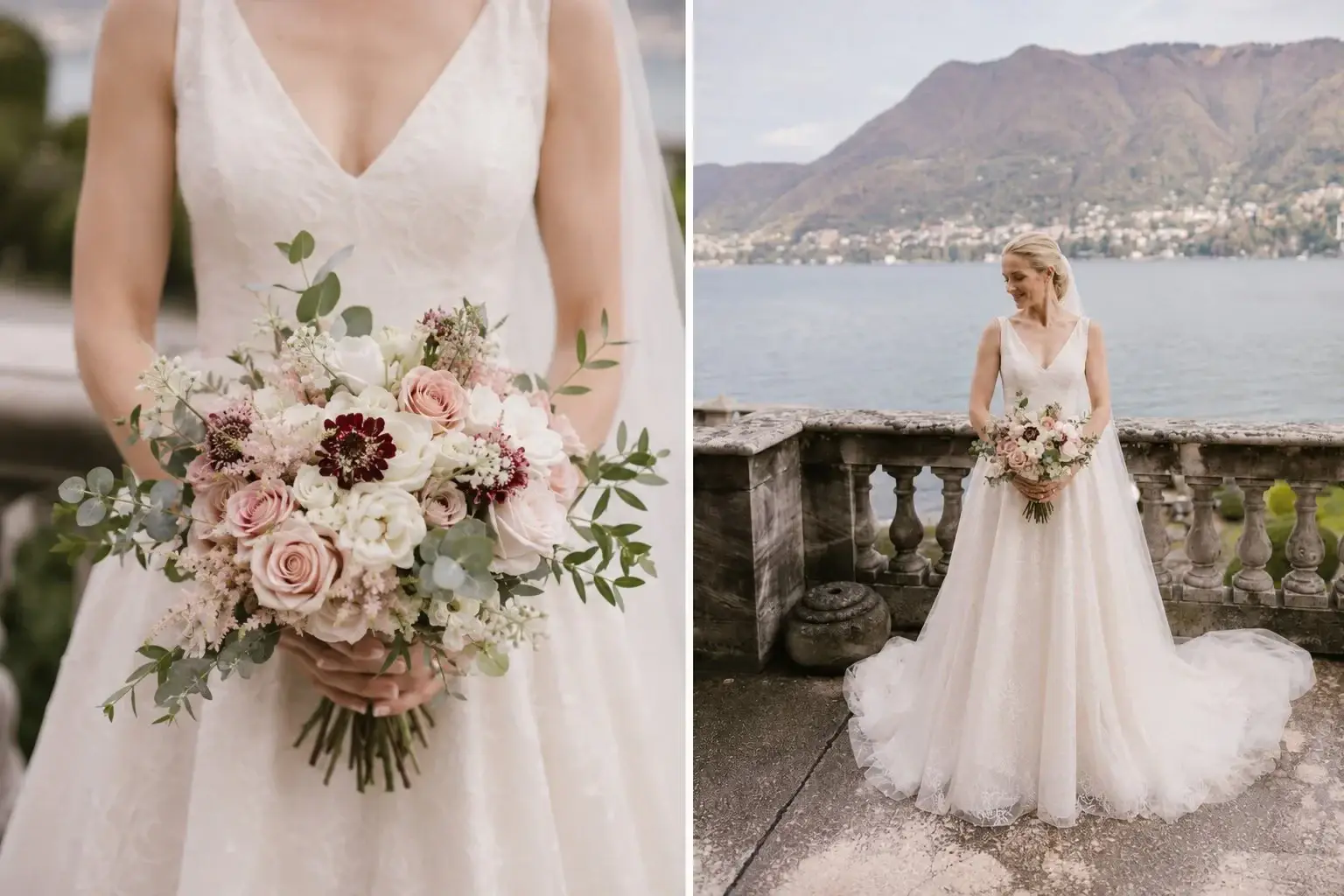 Bride holding a bouquet on a terrace overlooking Lake Como.