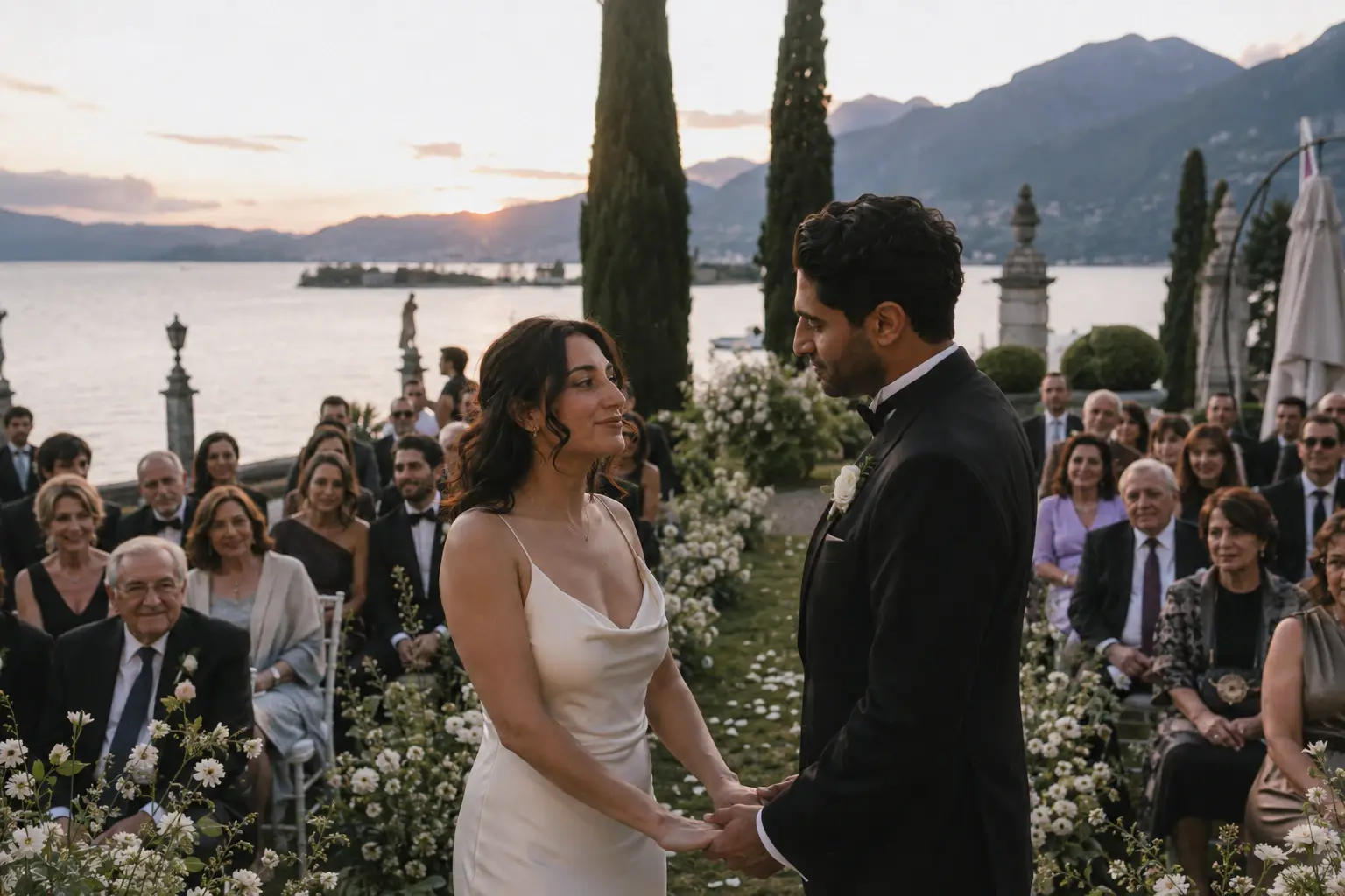 Couple exchanging vows during an outdoor ceremony at Villa Cortine Palace.