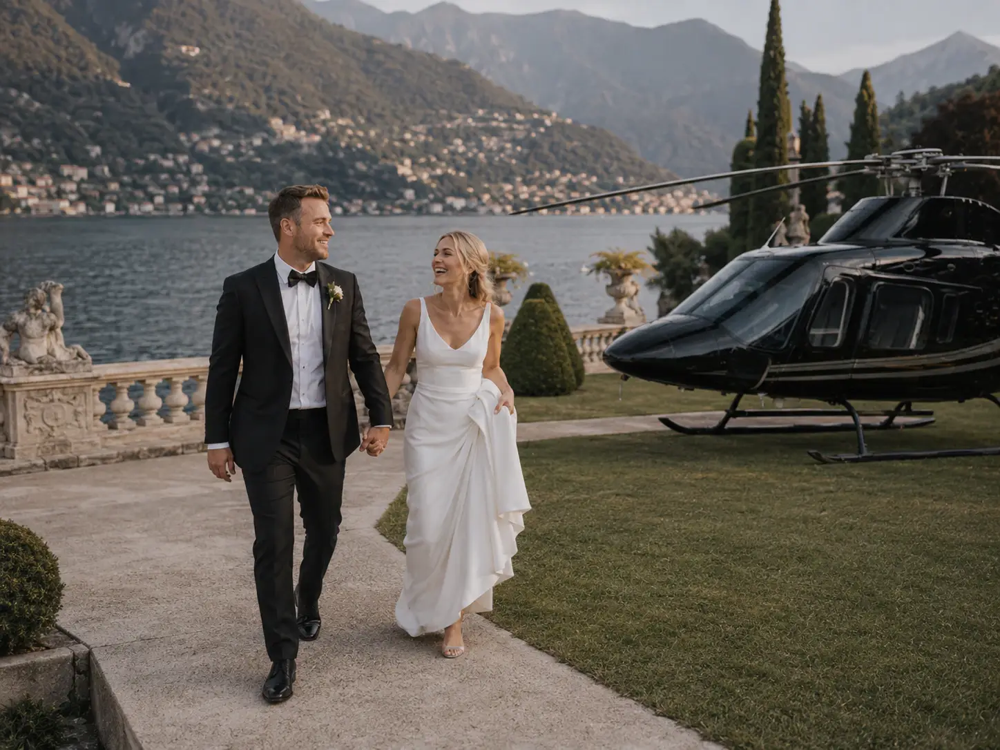 Bride and groom walking beside a helicopter on Lake Como, surrounded by villa gardens, mountain views and the lake in the background