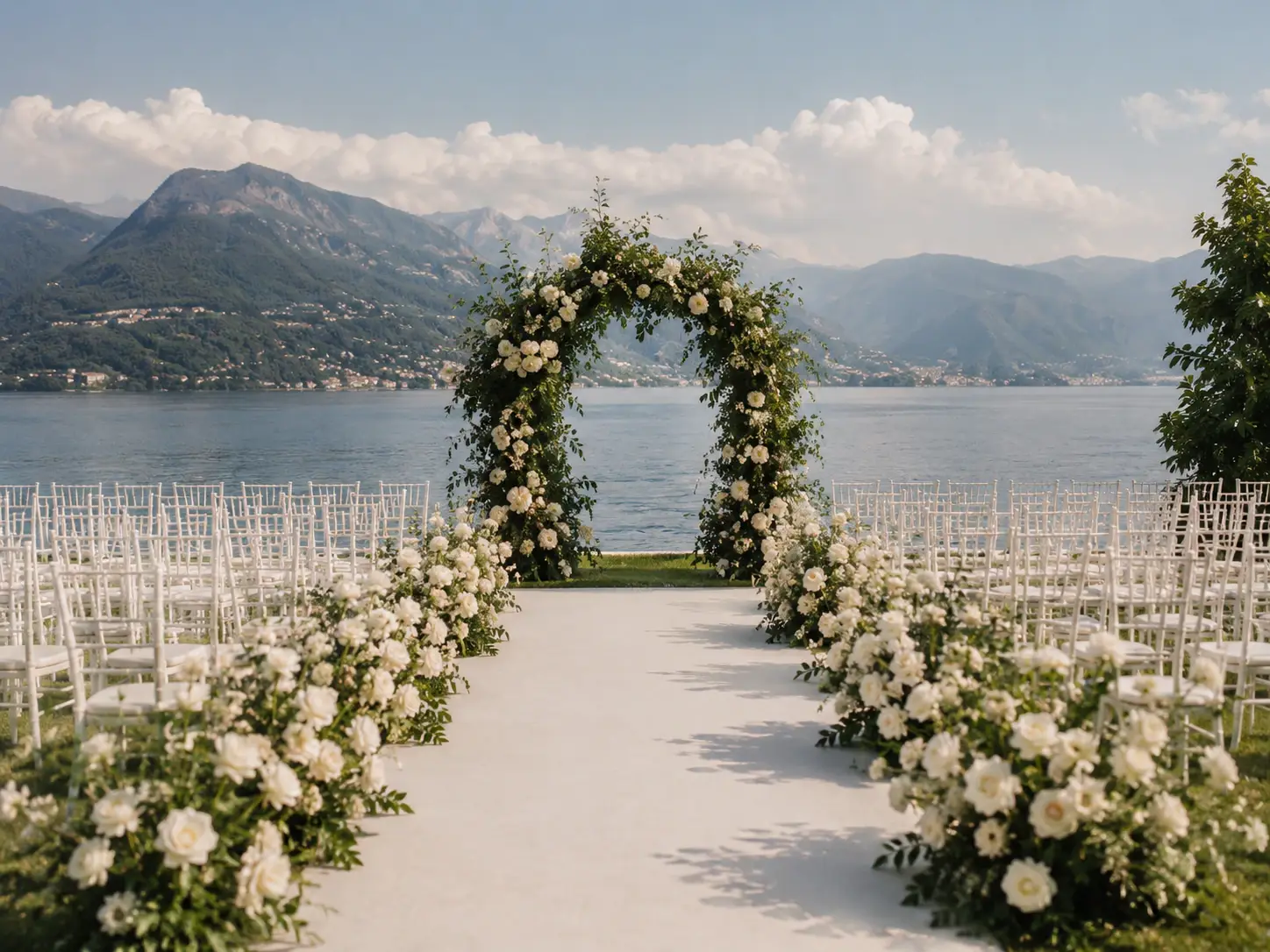 Outdoor lakeside wedding ceremony with floral arch and white chairs in Italy