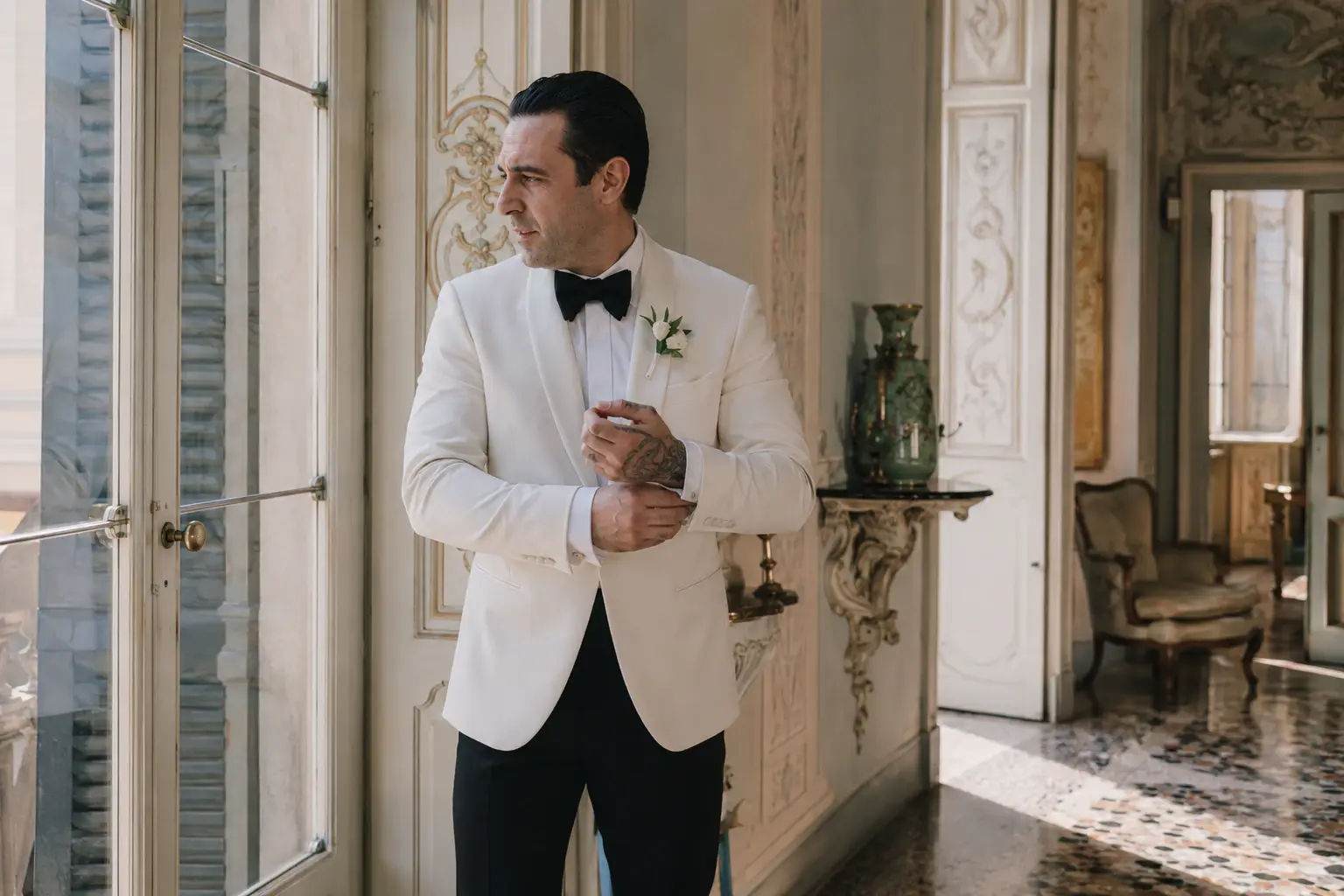 Groom getting ready inside Villa Sola Cabiati near Lake Como, adjusting his cufflinks by the window in a historic Italian villa with ornate interiors and soft natural light.