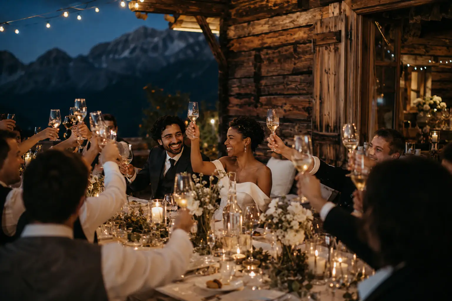Bride and groom celebrating with guests during an intimate wedding dinner in a mountain chalet in the Dolomites.