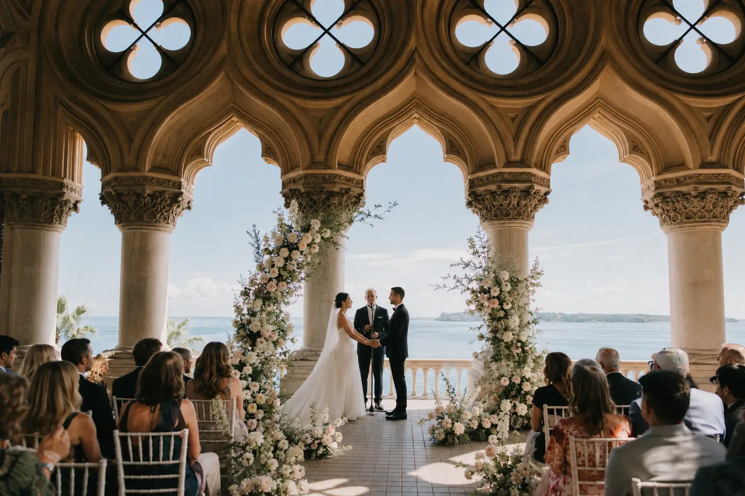Romantic wedding ceremony at Isola del Garda with floral ceremony arches, historic Venetian-style loggia architecture.