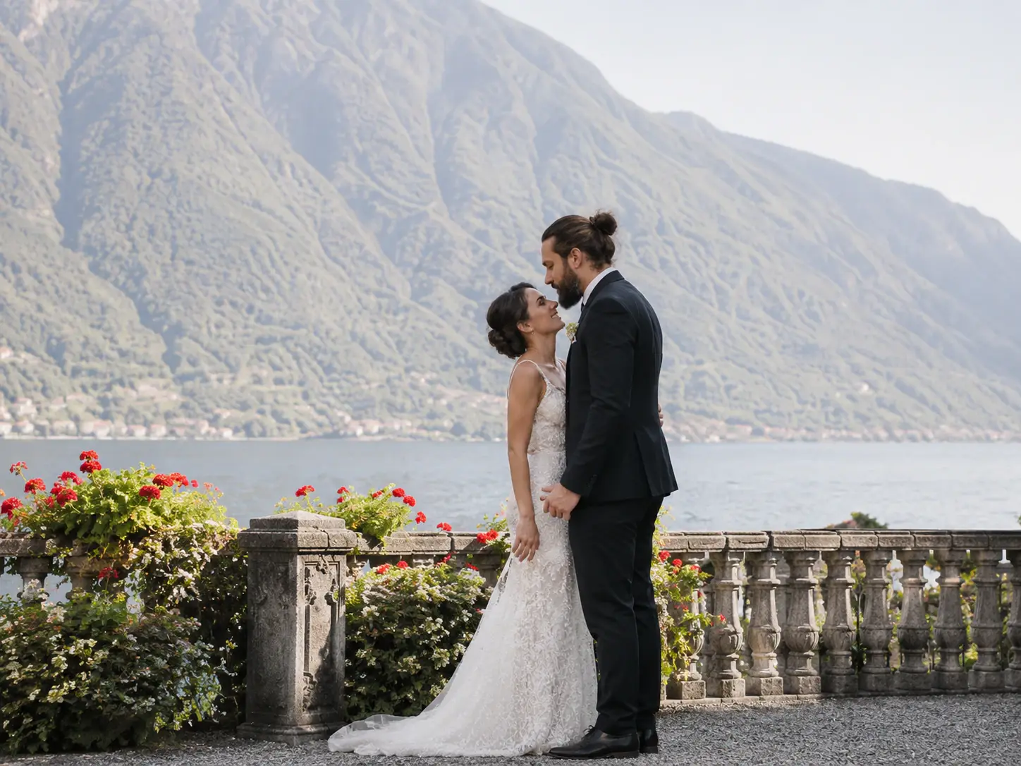 Grand Hotel Tremezzo wedding portraits overlooking Lake Como terrace and mountains