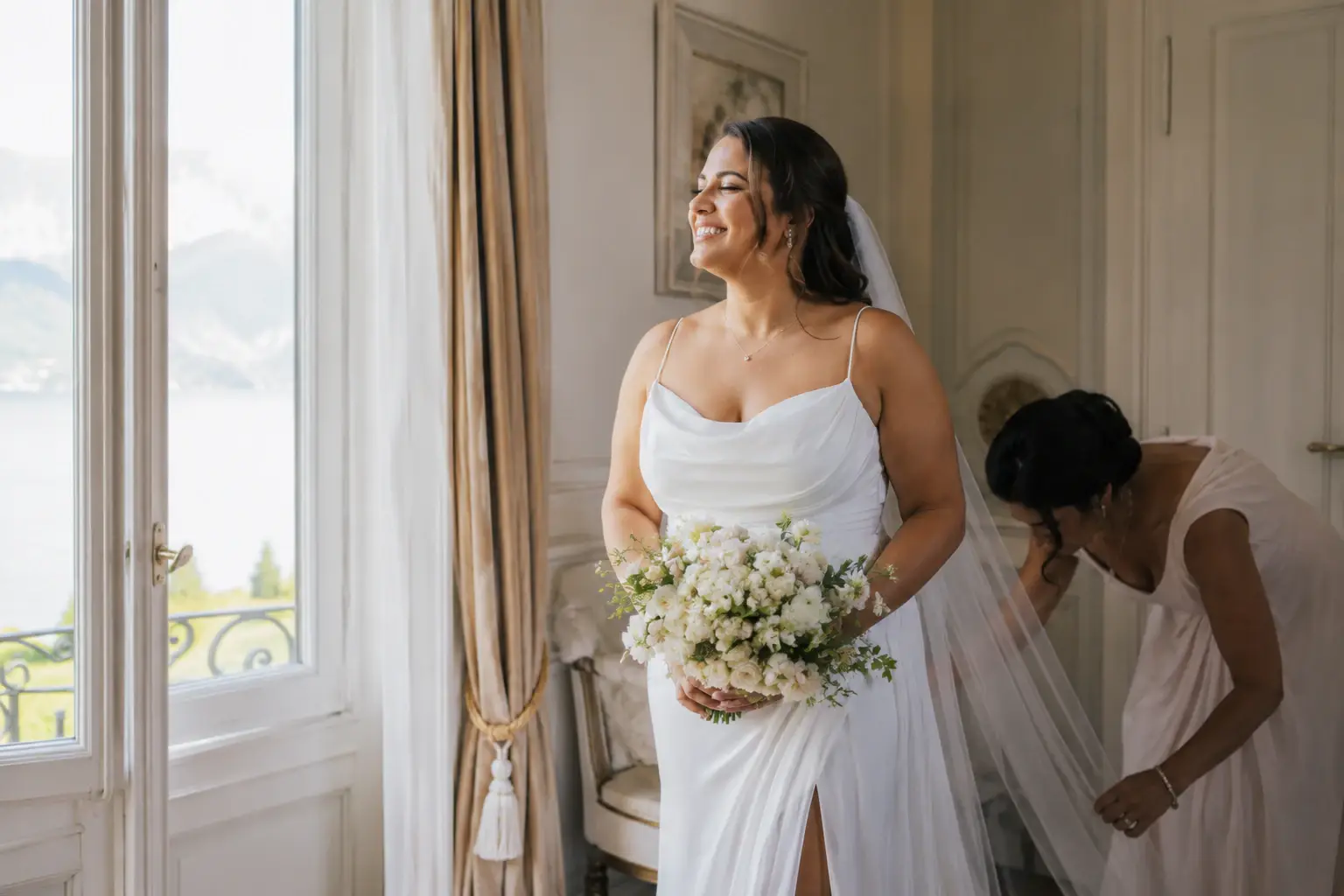 Lake Como bride getting ready at elegant villa, bridesmaid adjusting veil, natural documentary wedding moment, soft morning light, modern bridal portrait.