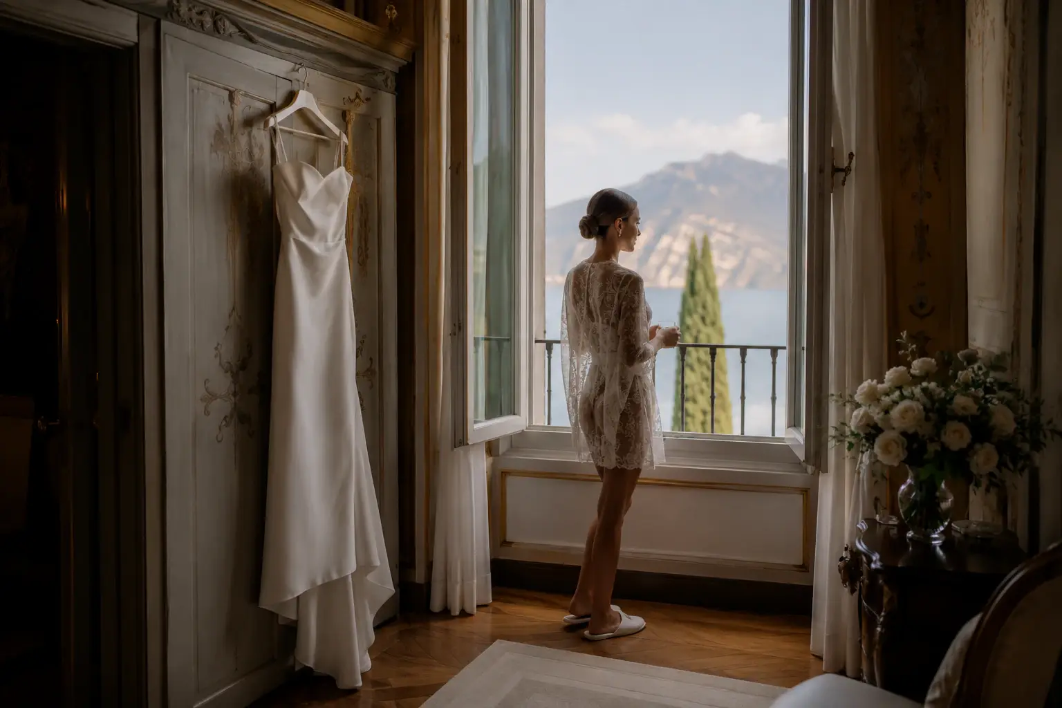 Bride enjoying quiet final preparations with her wedding dress overlooking Lake Garda before the ceremony.