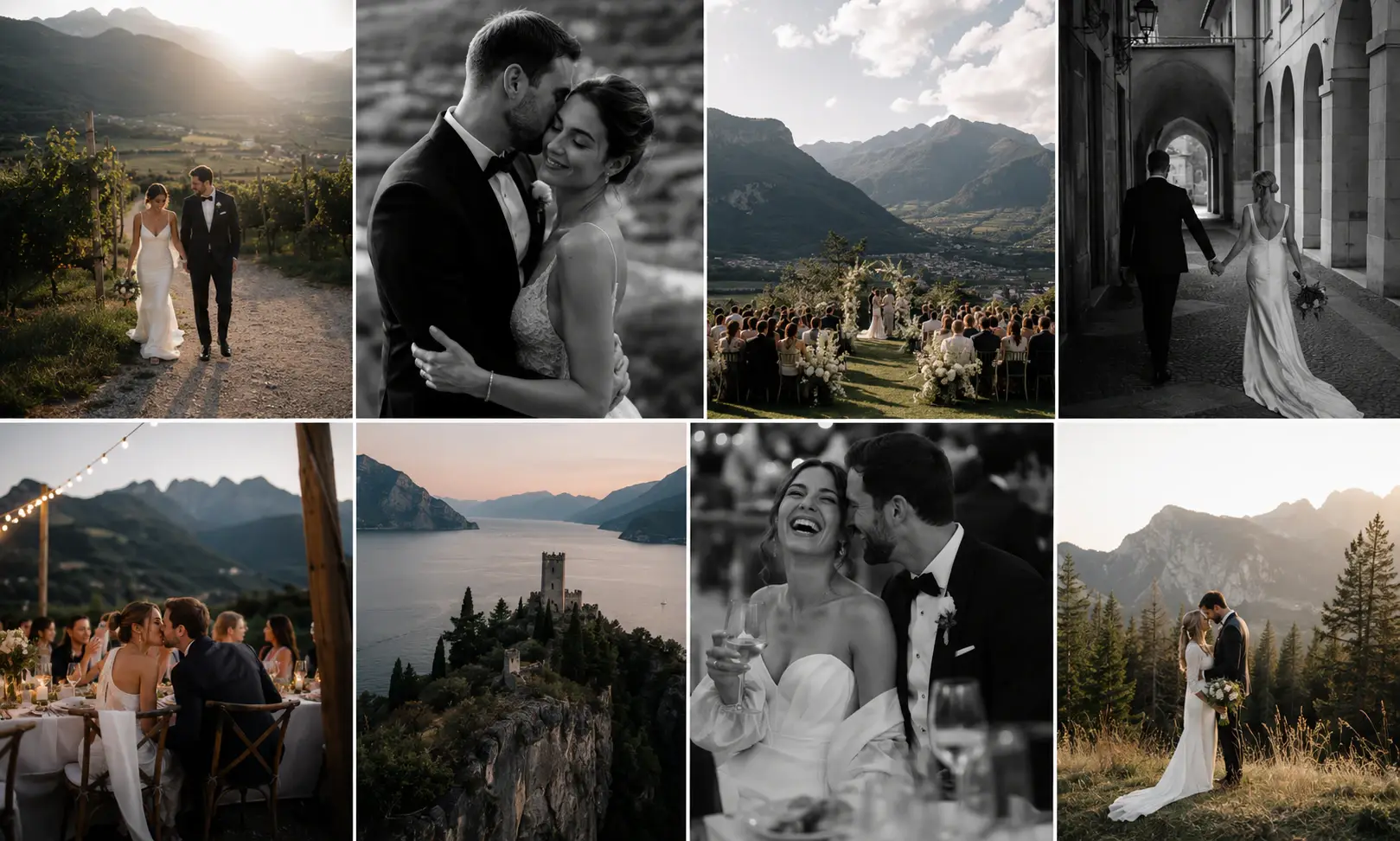 Collage of wedding moments in Trentino.