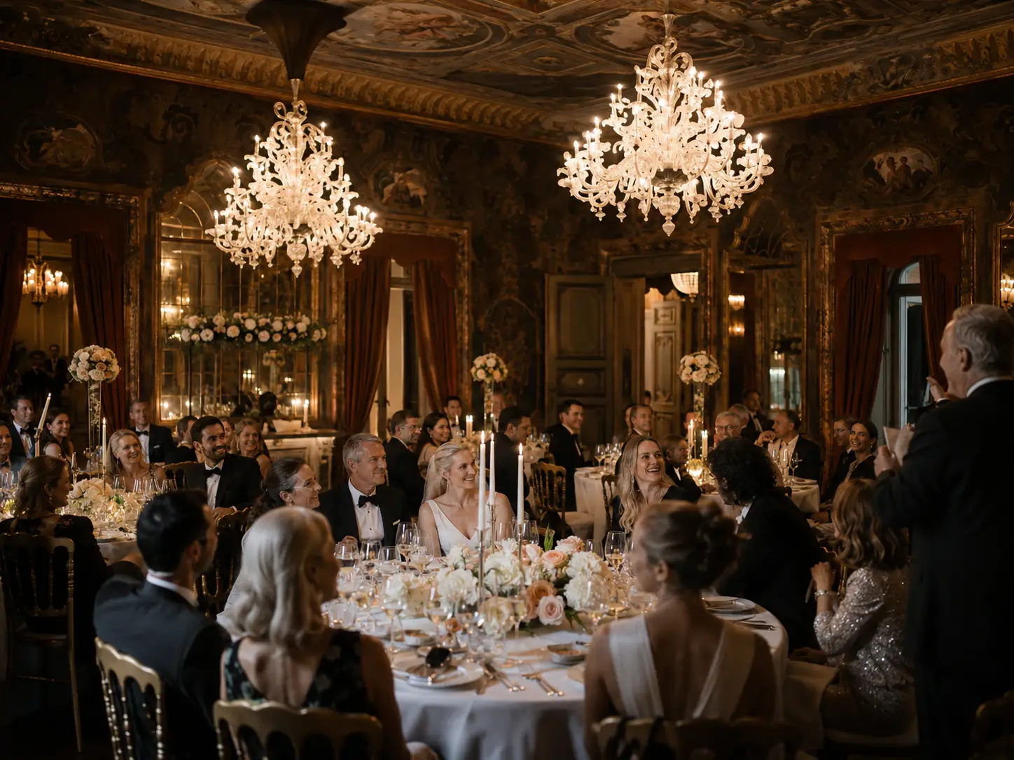 Guests listening to speeches during an evening wedding dinner.