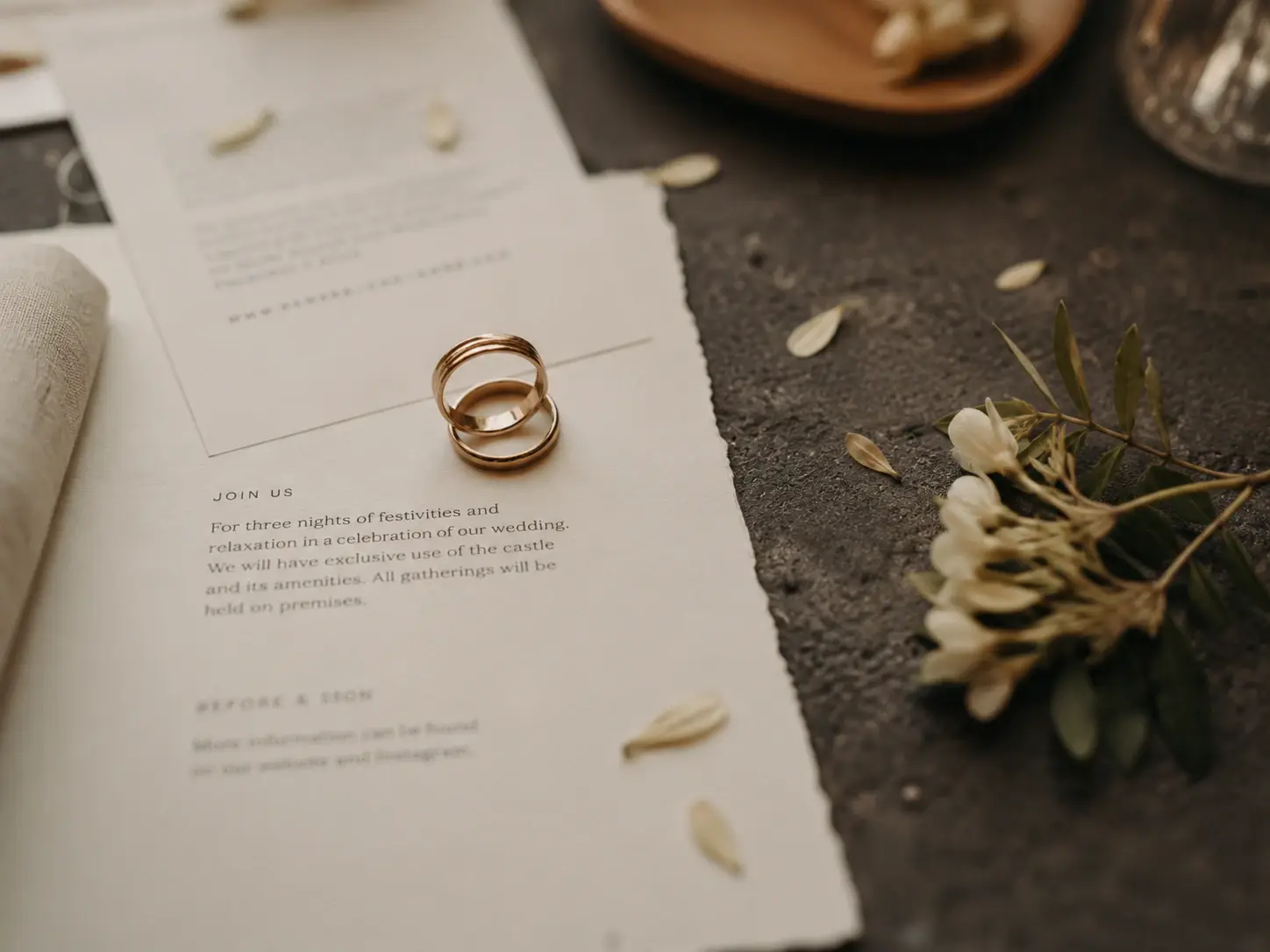 Wedding rings resting on the invitation suite with flowers during a destination wedding at Borgo Stomennano in Tuscany.