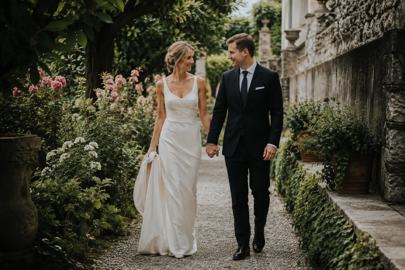 Bride and groom walking through a quiet garden path in Bellagio, romantic Lake Como wedding photography with intimate Italian villa atmosphere