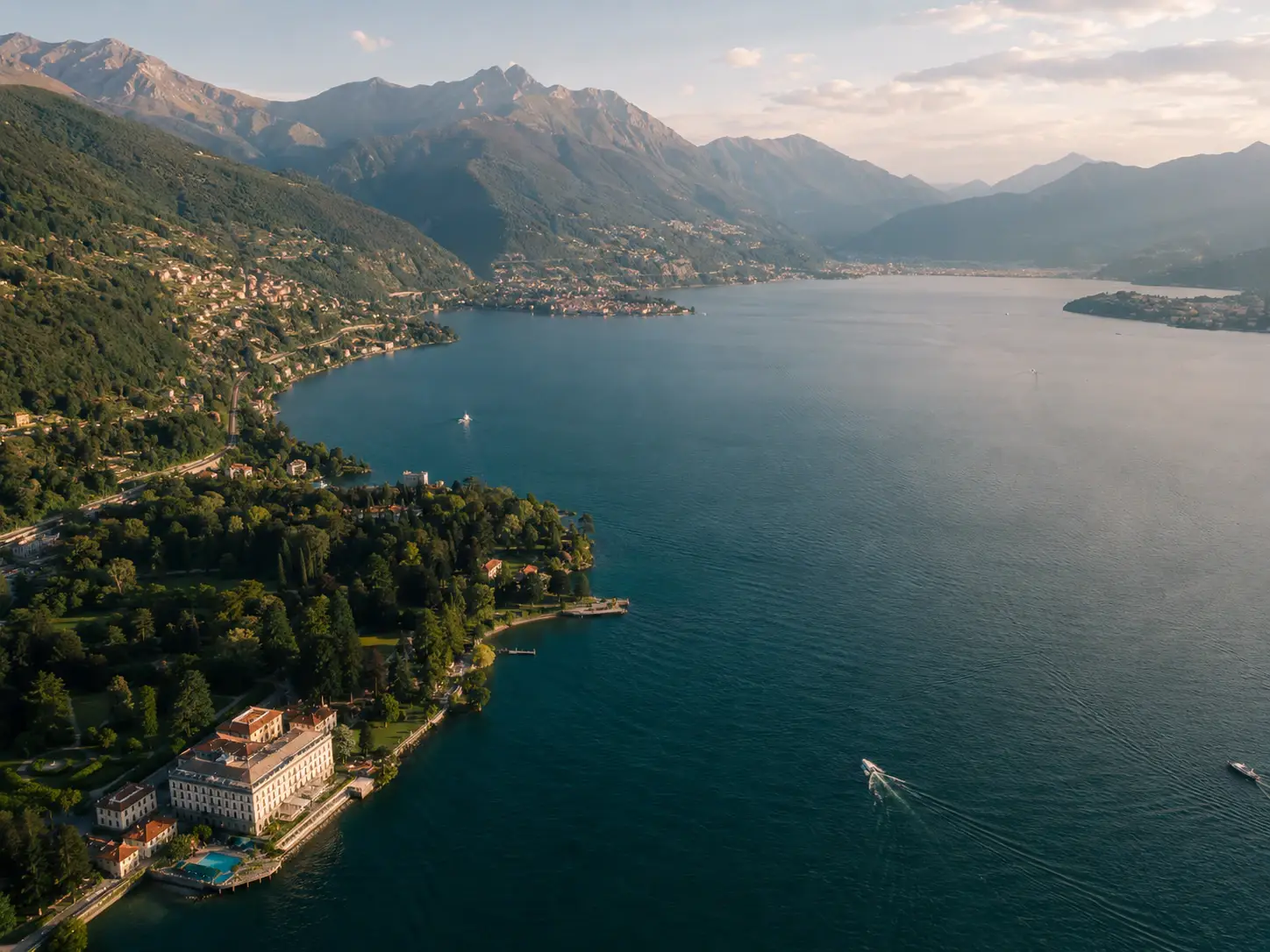 Aerial view of Lake Como and the surrounding mountains.