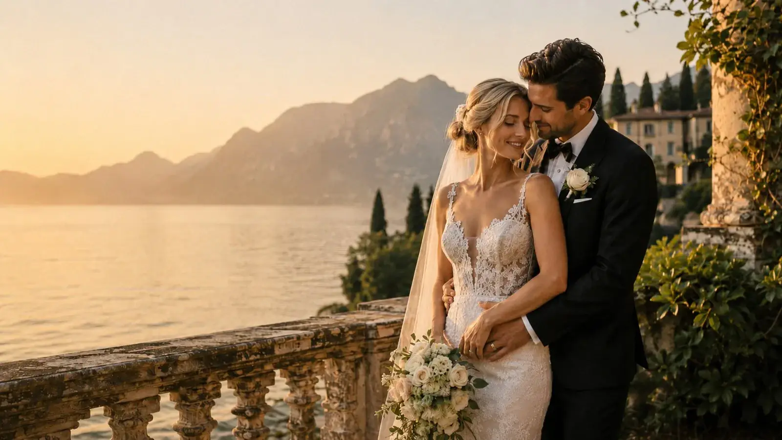 Newlyweds embracing on a terrace overlooking Lake Garda.