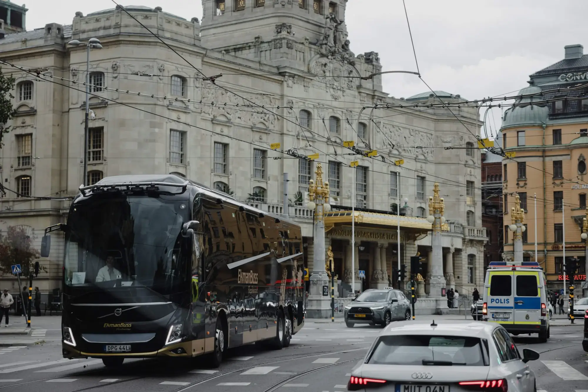 Wedding guests boarding a bus in central Stockholm.