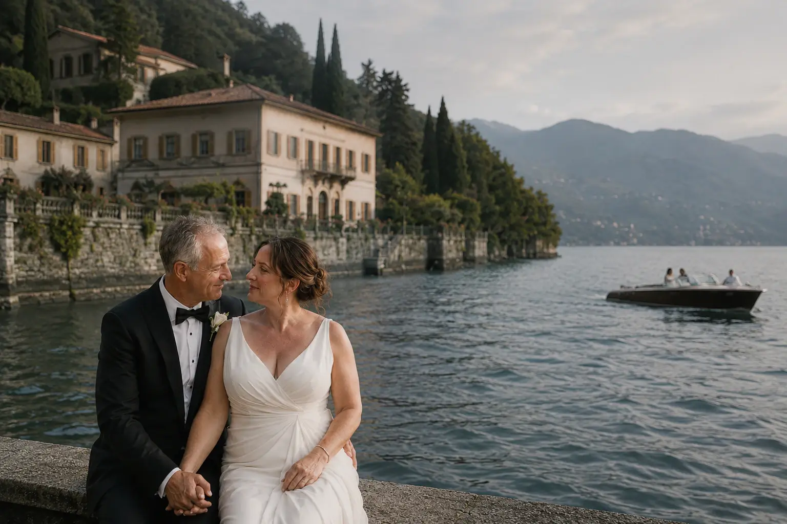 Villa Pizzo wedding couple sitting by Lake Como at sunset with boat and mountains in the background.