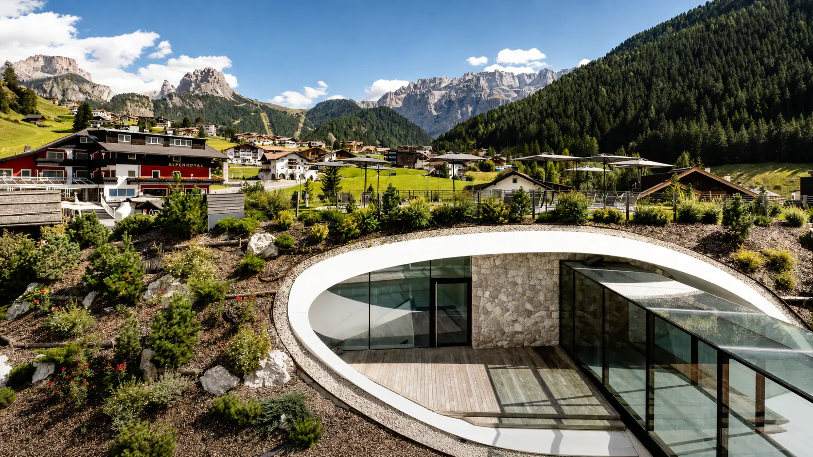Modern circular building at an alpine resort.