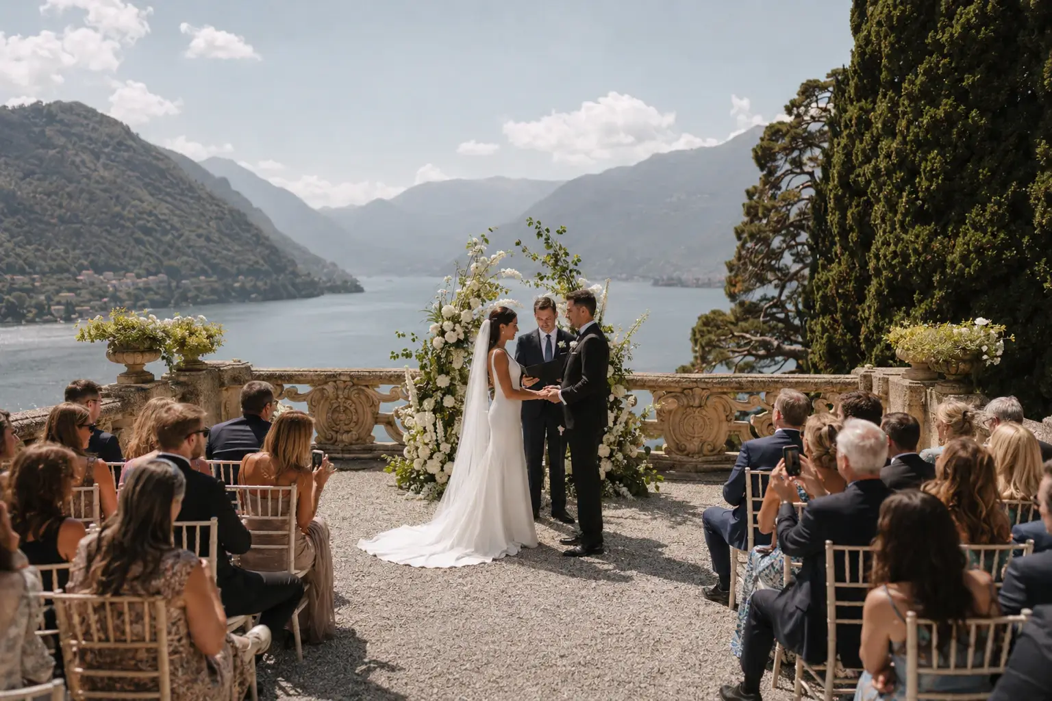 Outdoor wedding ceremony at Villa del Balbianello with panoramic Lake Como mountain views, luxury destination wedding photography in Italy