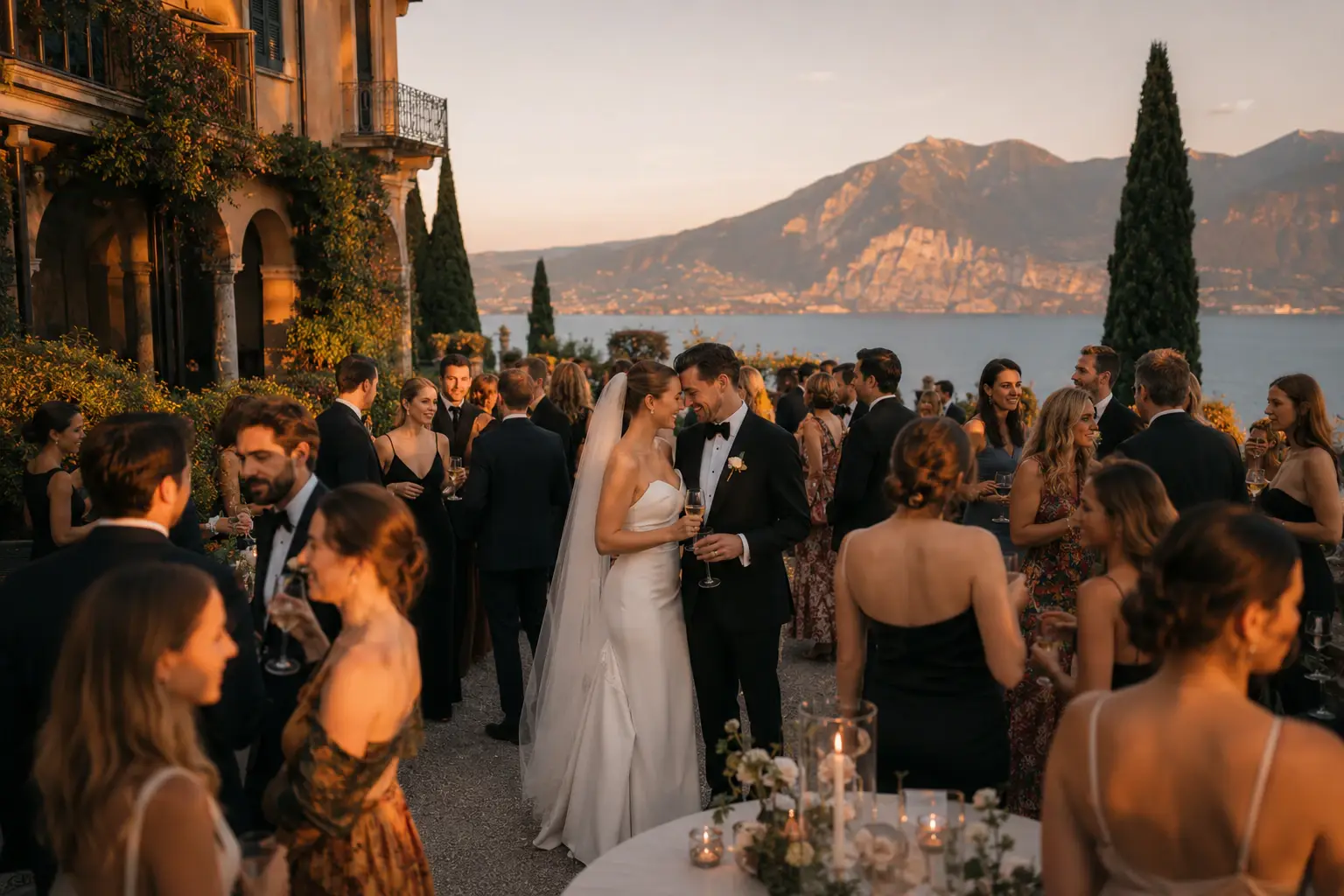 Bride and groom enjoying aperitivo with guests during a luxury Lake Garda wedding overlooking the lake at sunset.