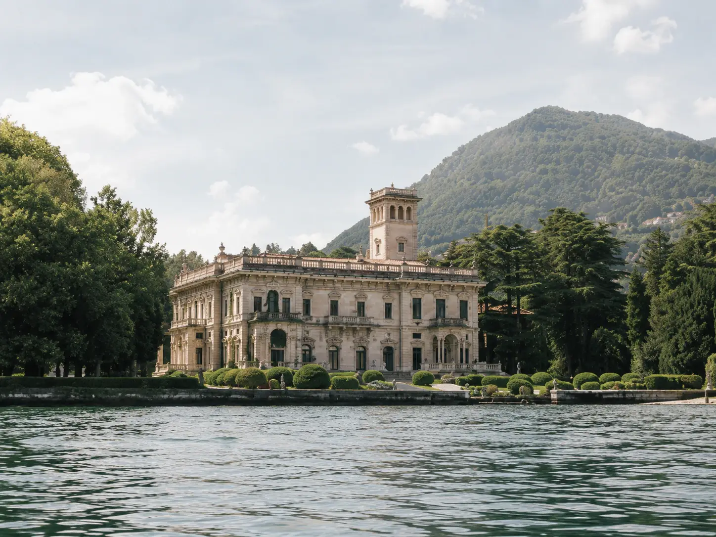 Villa Erba seen from the water on Lake Como.