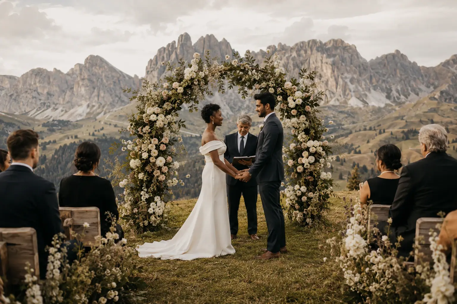 Outdoor wedding ceremony in the Dolomites with breathtaking mountain views and floral arch in Northern Italy.