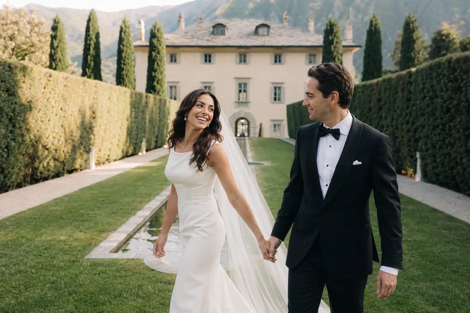 Bride and groom walking through the formal gardens at Villa Balbiano with symmetrical hedges, reflecting pool and Lake Como villa in the background.