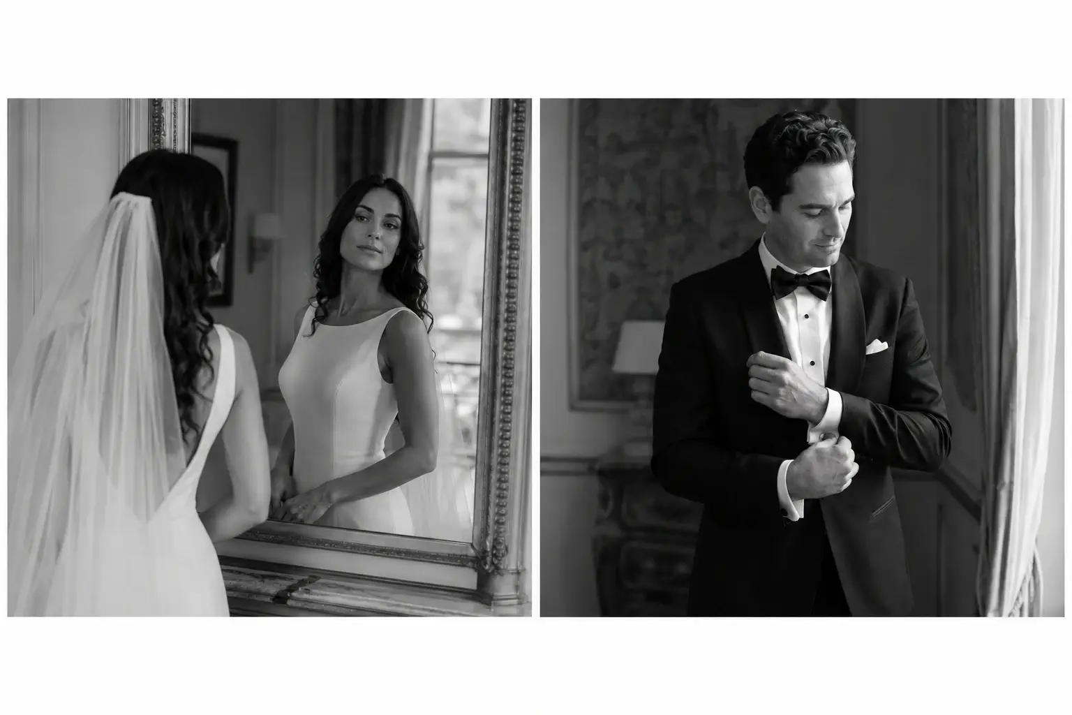 Black and white wedding getting ready photos inside Villa Balbiano with bride looking into mirror and groom adjusting tuxedo cuffs in separate cinematic frames.