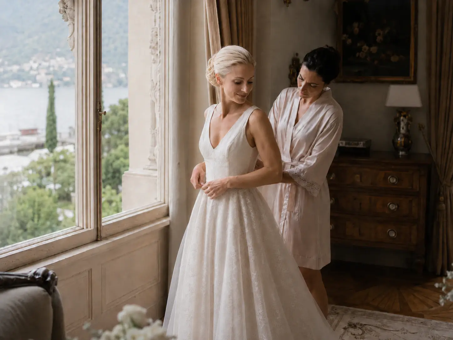 Bride getting ready beside a window at Villa Erba.