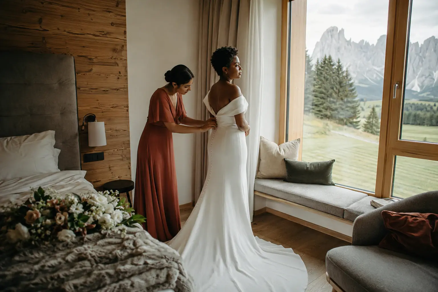 Bride getting ready in a mountain chalet in the Dolomites with panoramic alpine views before an intimate wedding ceremony.