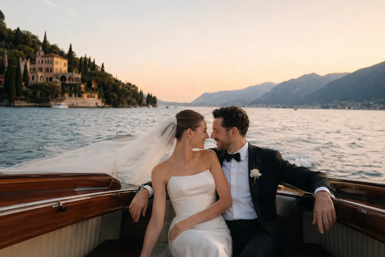 Bride and groom enjoying a private boat ride on Lake Garda during their luxury destination wedding.