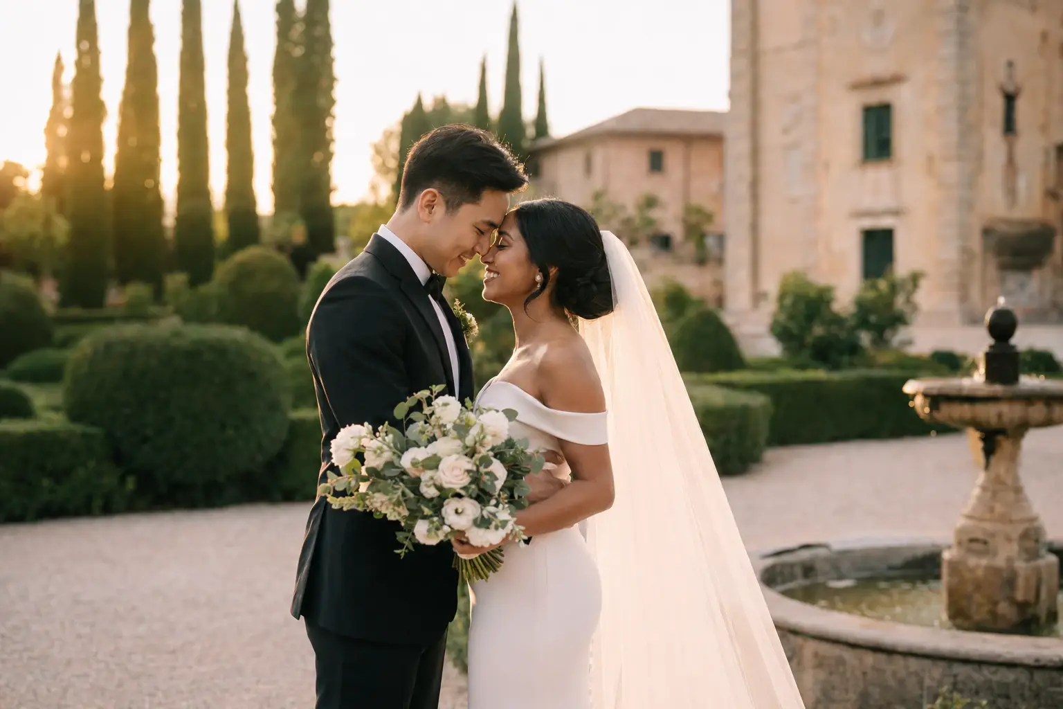 Bride and groom embracing in the gardens of Villa Cetinale during golden hour after their Tuscany destination wedding ceremony.