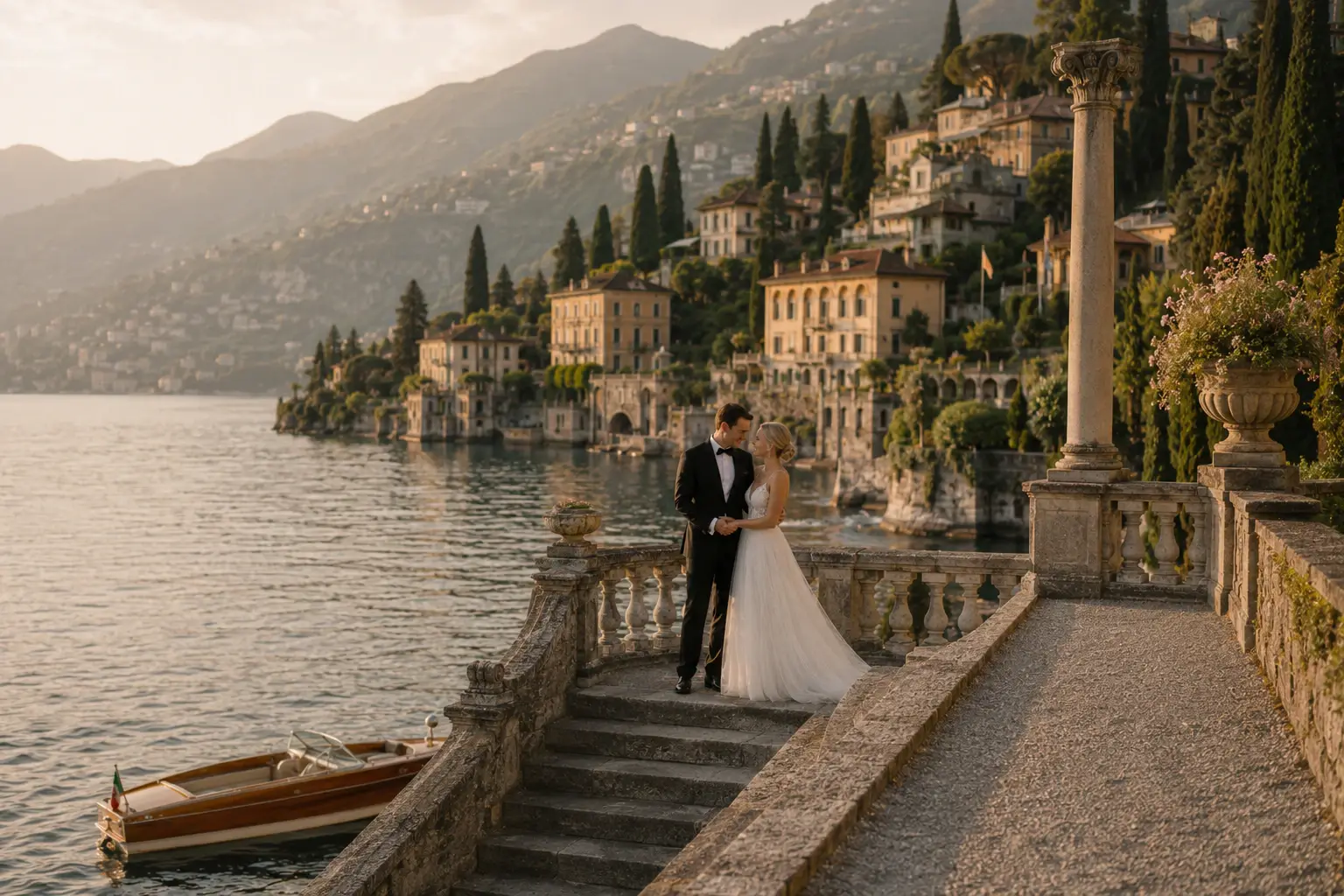 A couple photographed with lake and mountain scenery behind them.